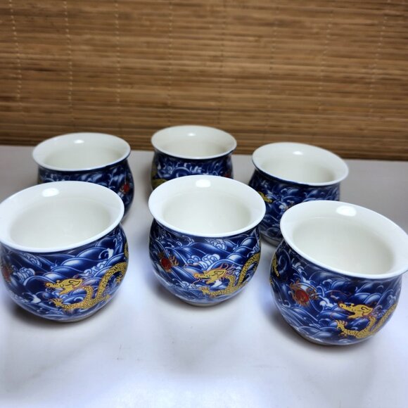 Chinese Golden Dragon Porcelain Teacups Set of 6 Double Wall Jingzhen - Picture 3 of 8